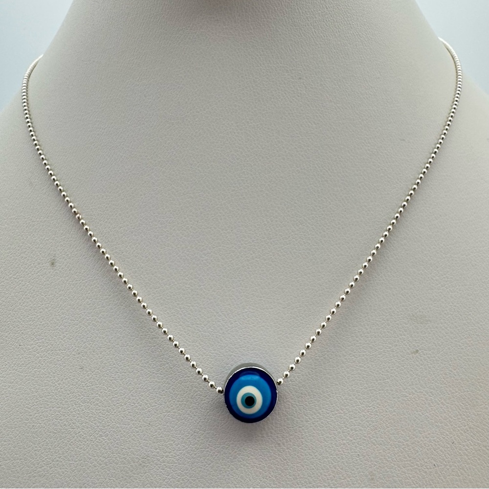 Delicate Sterling Silver Evil Eye Bead Necklace Minimal Blue Charm